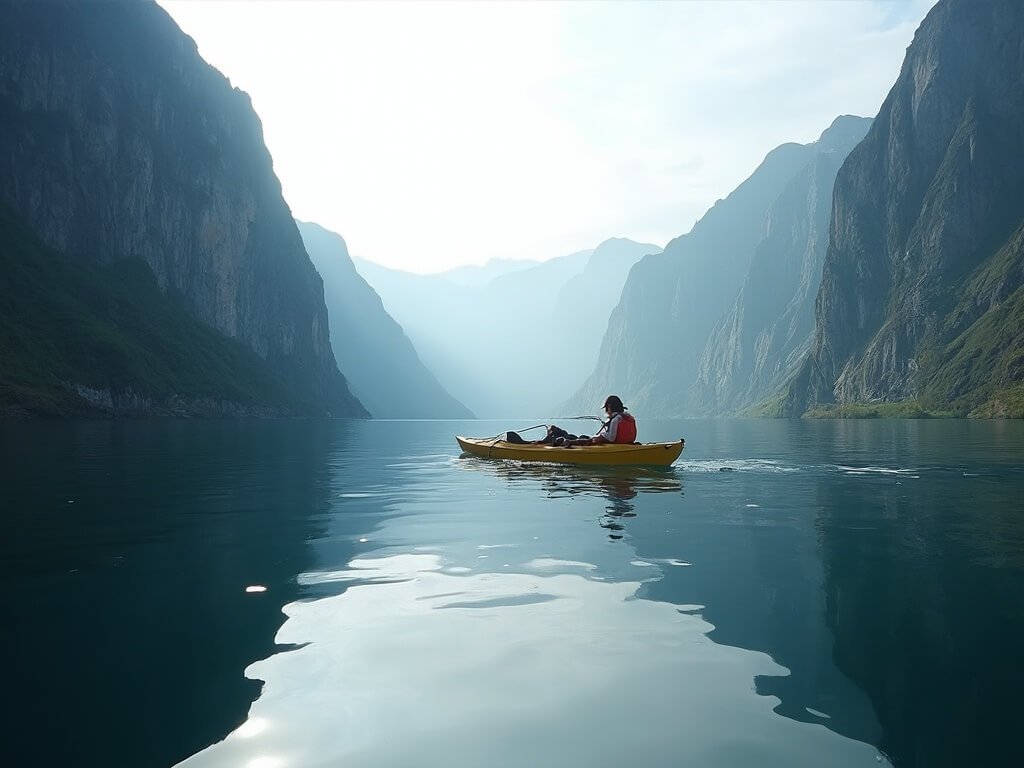 Kayak traversing serene waters of Nærøyfjord with vertical mountain cliffs and pristine wilderness reflected in water, under soft morning light