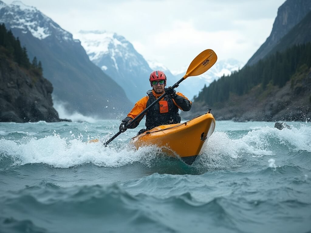 Professional kayaker in waterproof gear navigating fjord currents, with paddle mid-stroke, rugged wilderness, rocky shorelines and distant snow-capped mountains in the background