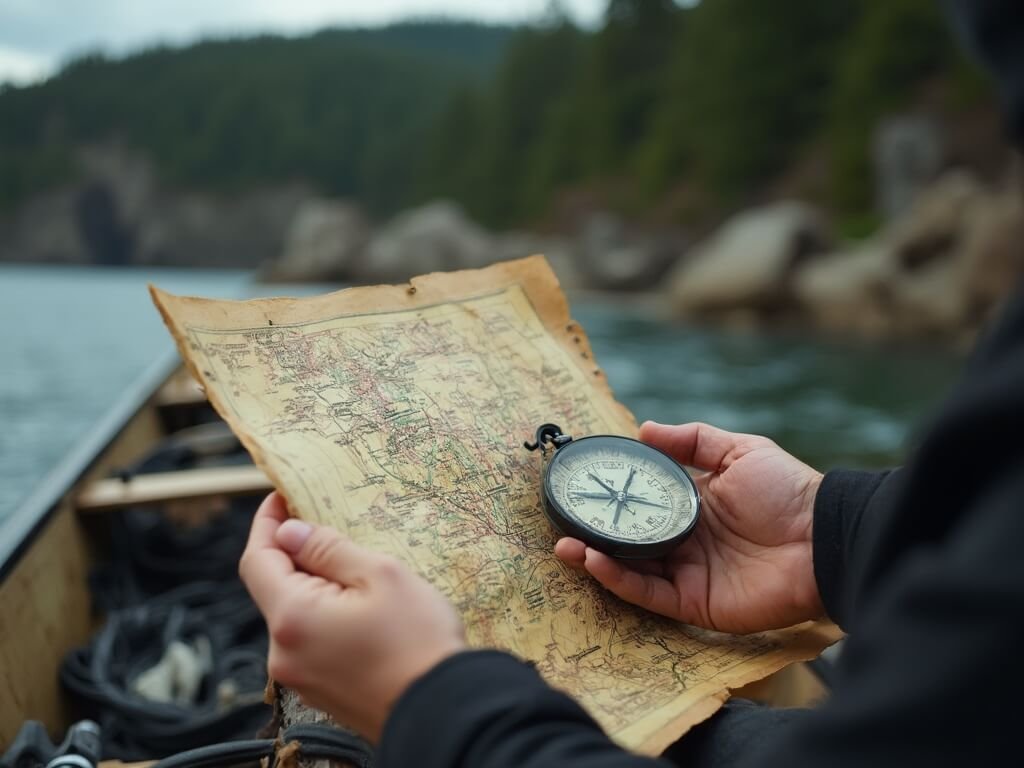 Professional kayaker's hands holding a worn topographic map and compass, with blurry background of a rocky coast and dense forest