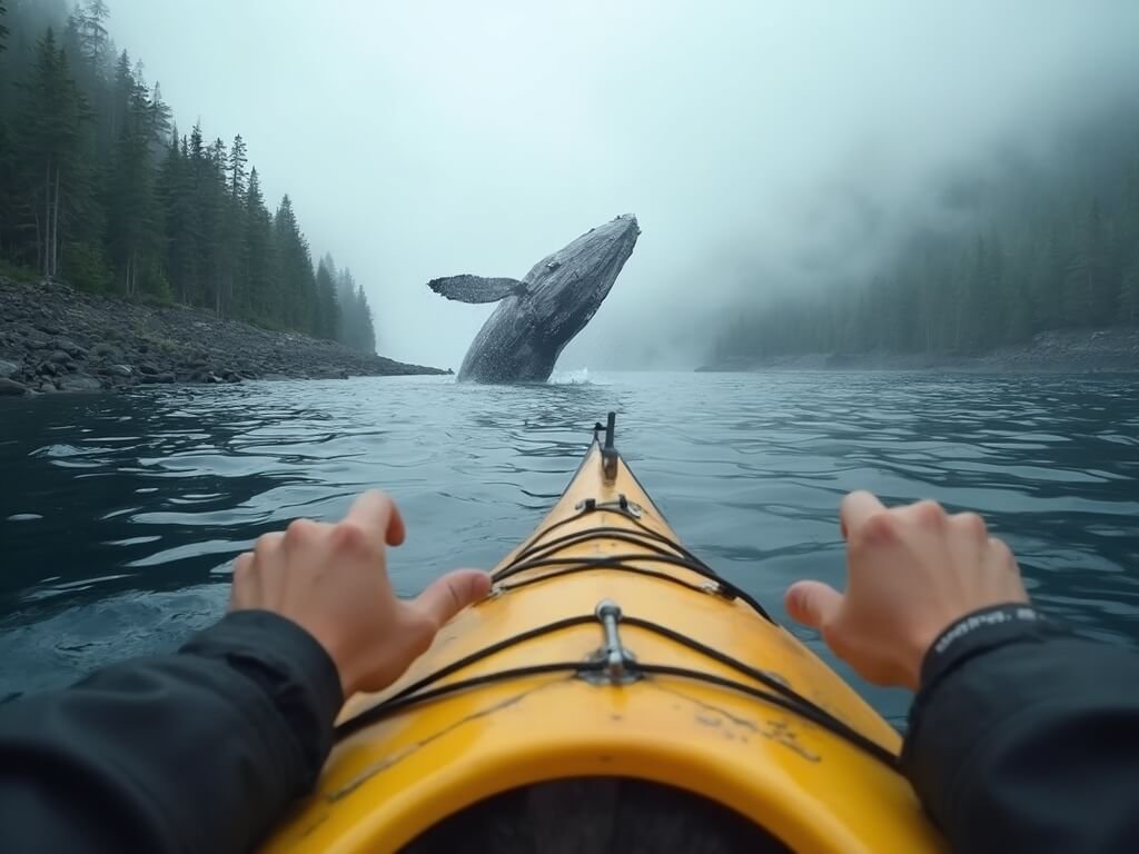 Kayaker's close-up perspective showing hands on paddle with a breaching humpback whale in misty Alaskan fjord, rocky shoreline and dense forest in the background