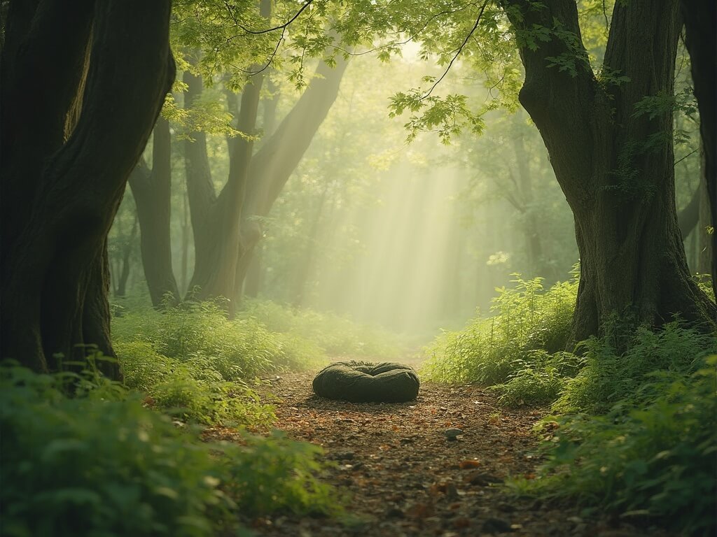 Meditation cushion in a tranquil Krishnamurti grove surrounded by old growth trees and soft morning light