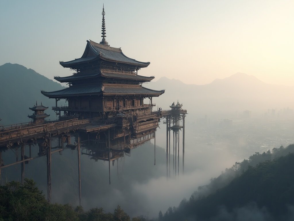 Massive wooden temple platform high above misty Kyoto landscape with intricate hand-carved details and view of mountain ranges in early morning light