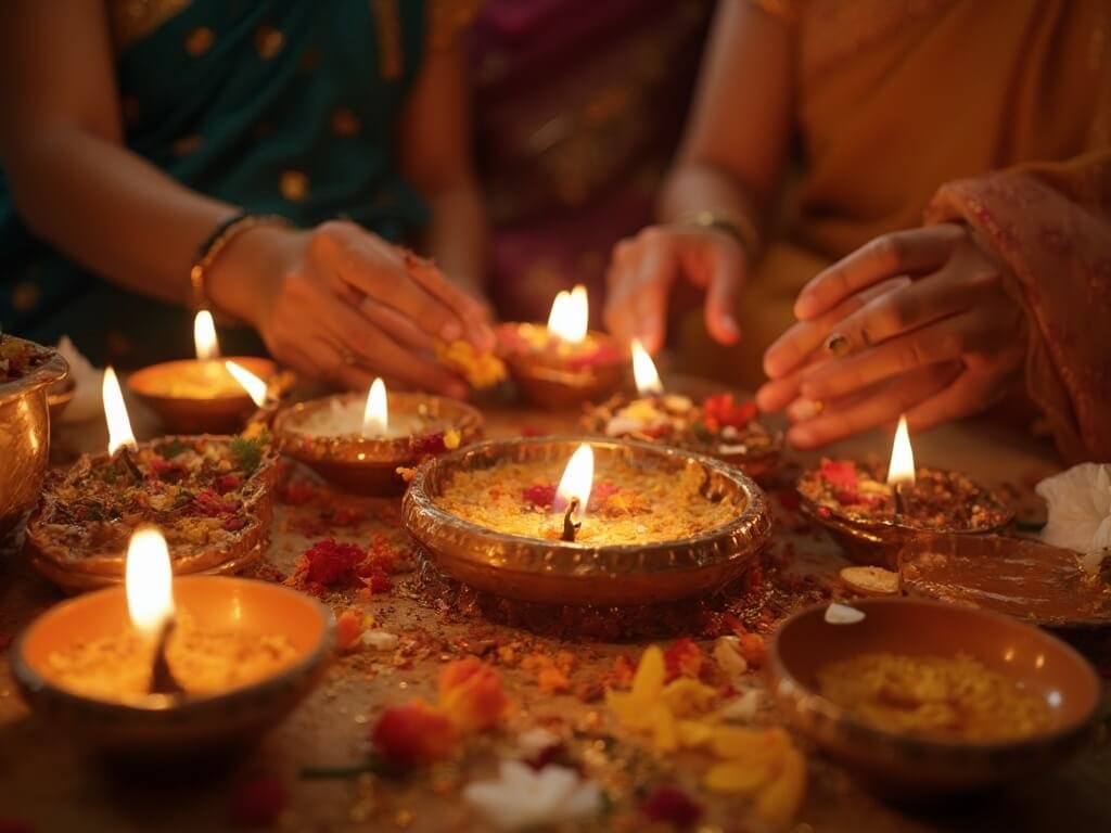 Indian family participating in Lakshmi Puja, arranging intricately designed diyas and placing flowers and offerings, showcasing an intimate spiritual ritual