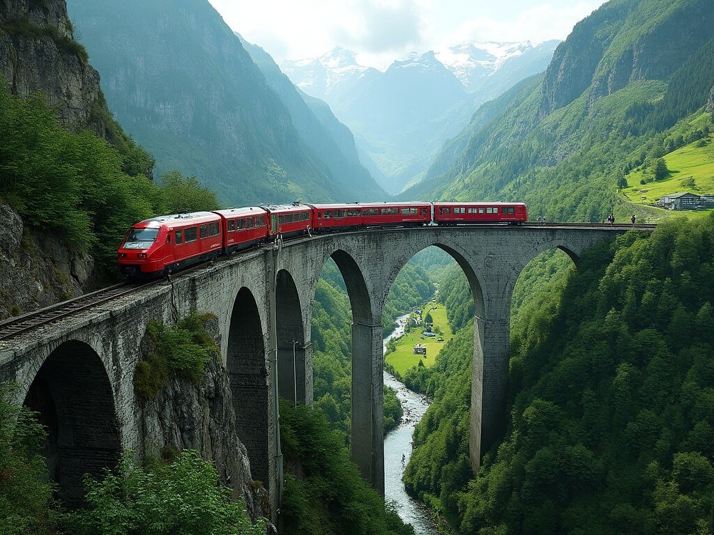 Aerial view of Landwasser Viaduct in Swiss Alps with red Glacier Express train crossing the curving stone bridge over a green valley