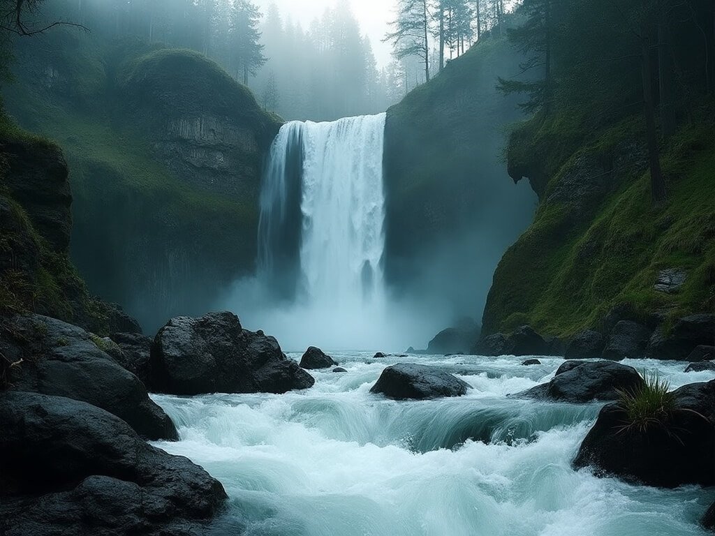 Latourell Falls close-up view showcasing its distinct vertical drop over basalt rock formations, surrounded by lush forest