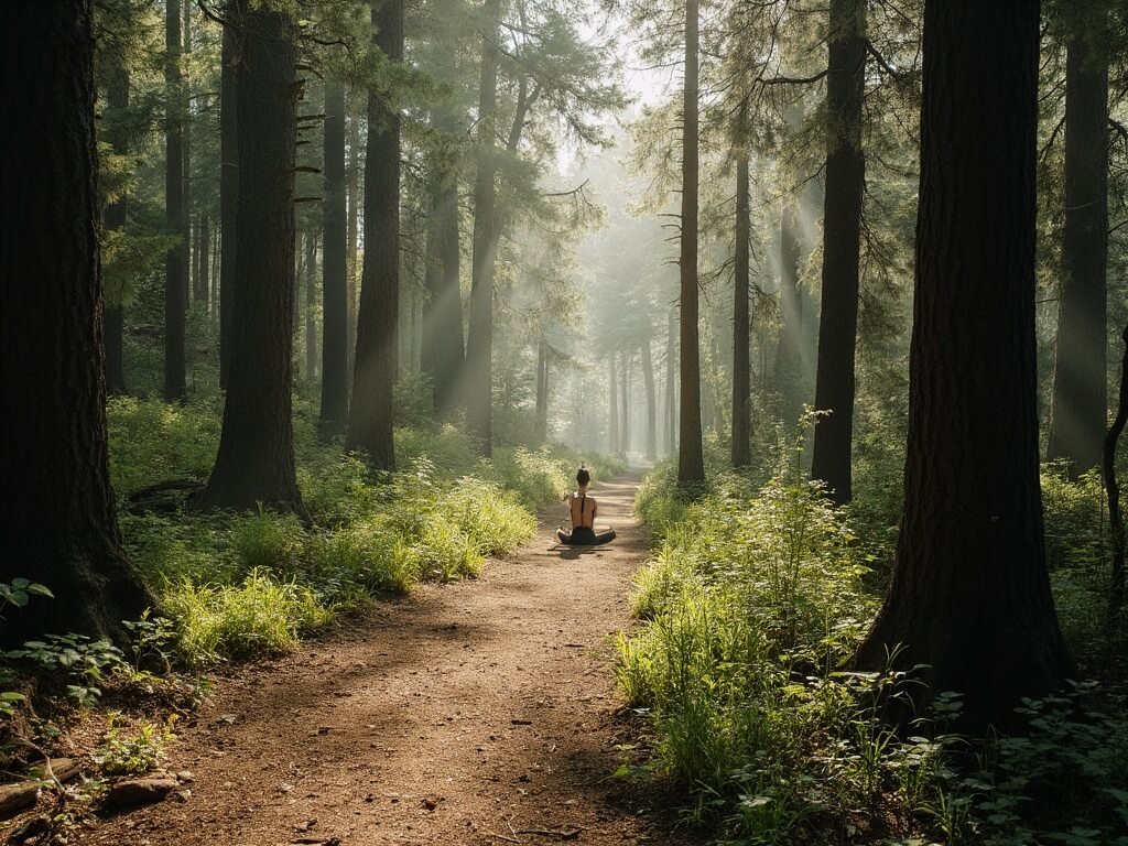 Lone hiker meditating on a tranquil trail through tall trees in Los Padres National Forest, illuminated by dappled sunlight