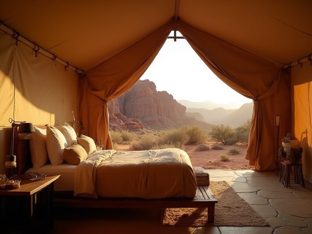 Luxurious safari-style tent with king-sized bed on a wooden platform, overlooking red rock formations during golden hour, warm light filtering through canvas walls with desert landscape through open tent flaps.