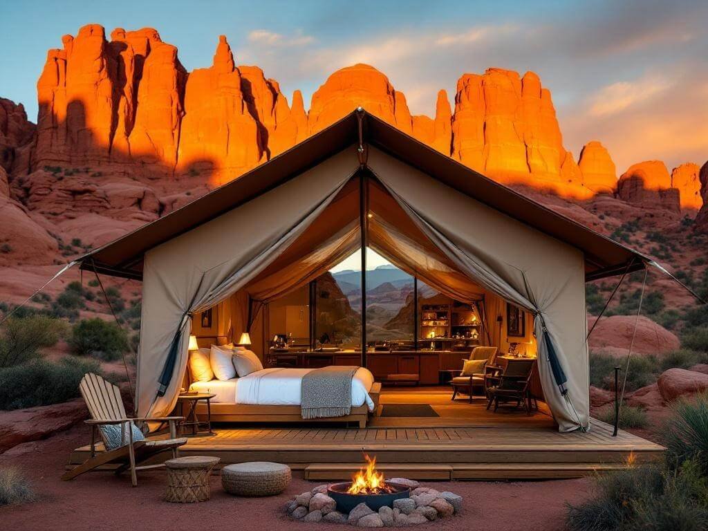"Luxury safari-style tent with king bed, wooden deck and fire pit set against Moab's sandstone cliffs at sunset, in Arches National Park"