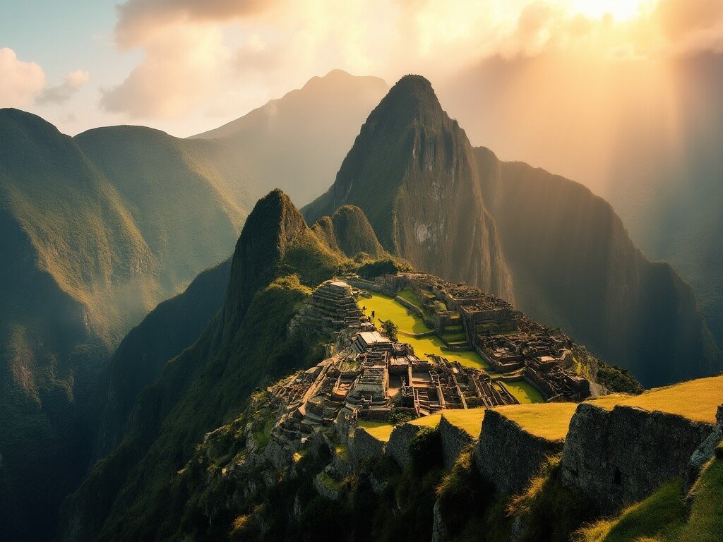 Ethereal sunrise at Sun Gate Intipata illuminating Machu Picchu and surrounding misty green mountain valleys