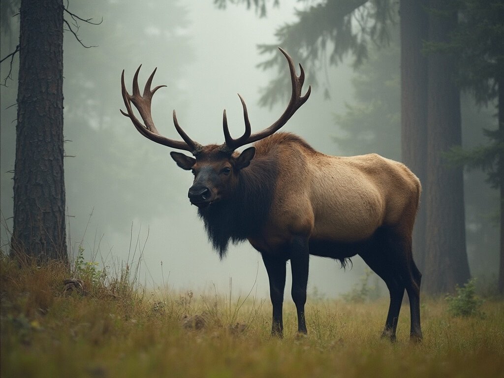 Majestic Roosevelt elk bull standing in misty meadow clearing amidst tall redwoods, bathed in early morning light