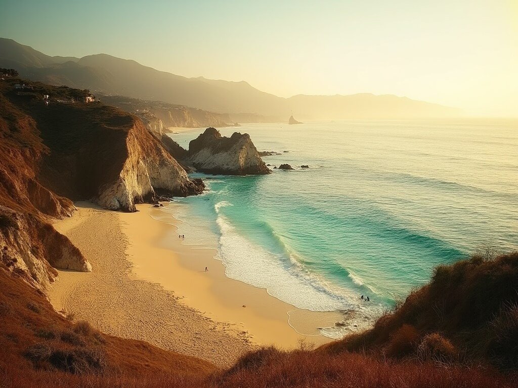Secluded Malibu beach at sunset with golden sand, turquoise water, surfers in the distance, and rocky outcroppings