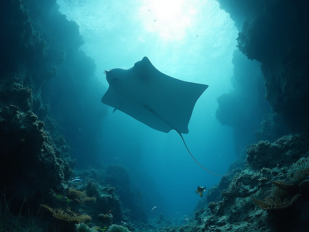 Manta ray swimming gracefully in a sunlit underwater corridor with coral formations and reef fish