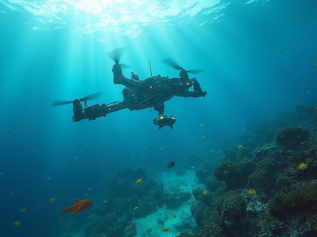 Underwater drone perspective of advanced marine tracking technology in a vibrant reef ecosystem with multiple marine species and detailed reef structures in crystal clear water