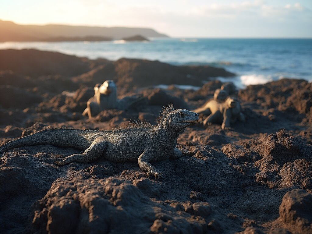 Marine iguanas lounging on Galápagos volcanic coastline with golden sunlight and clear blue waters in the background