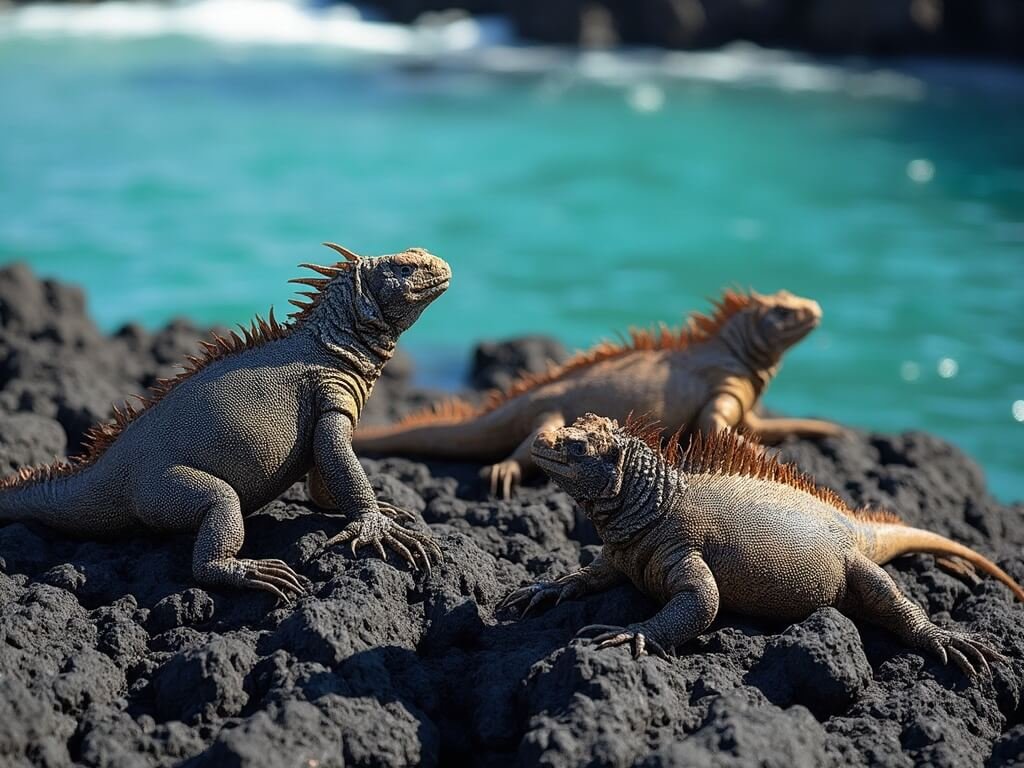 Marine iguanas sunbathing on black volcanic rocks with turquoise waters in the background, illuminated by warm afternoon light