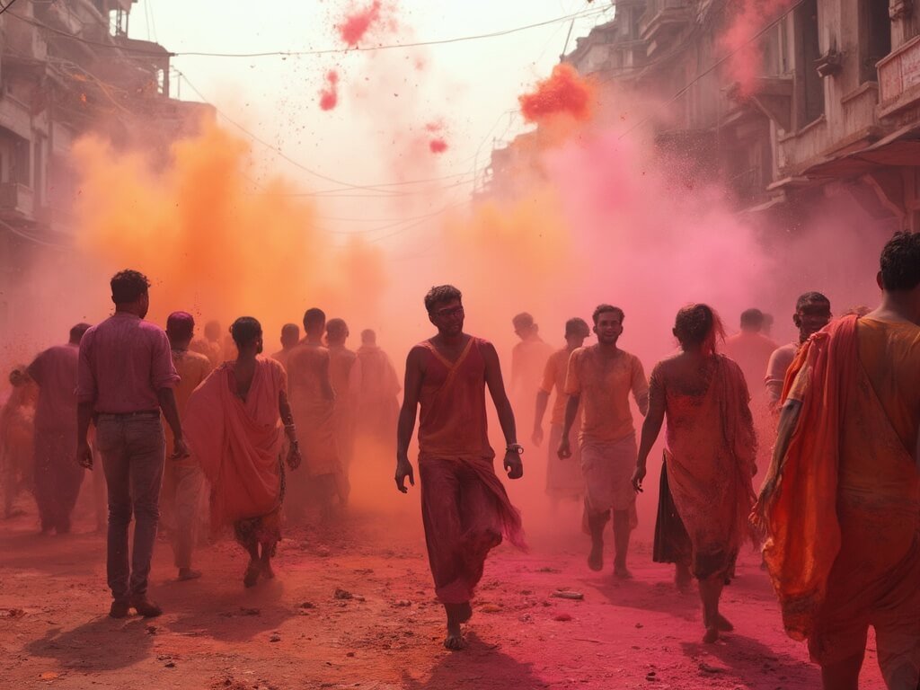 Crowd celebrating Holi in Mathura, throwing vibrant colored powders in the air, in traditional and casual attire, under bright daylight