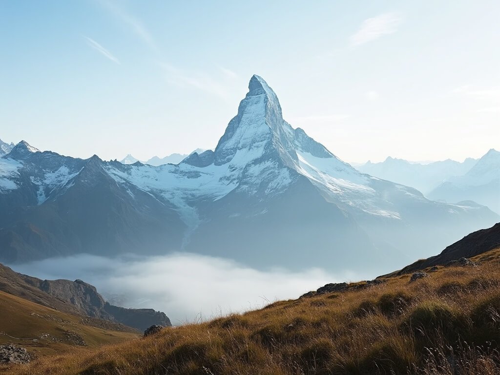 Matterhorn mountain peak bathed in early morning light with snow-covered peaks and alpine meadows in Swiss landscape