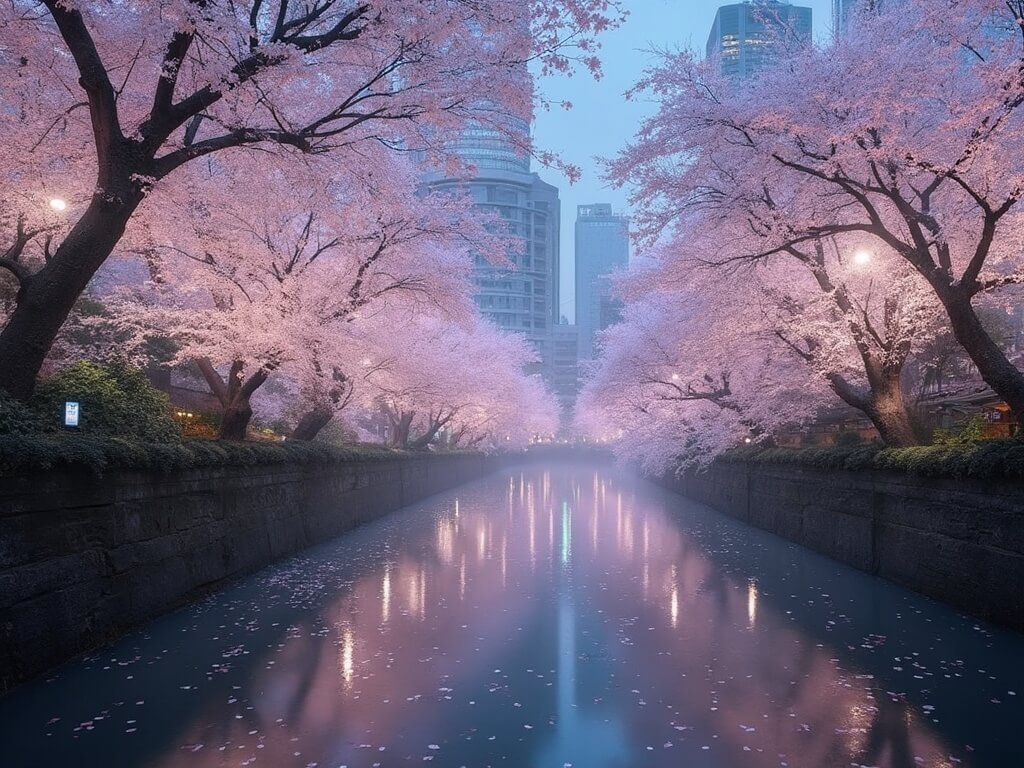Illuminated cherry blossoms along Meguro River with buildings of Tokyo in background