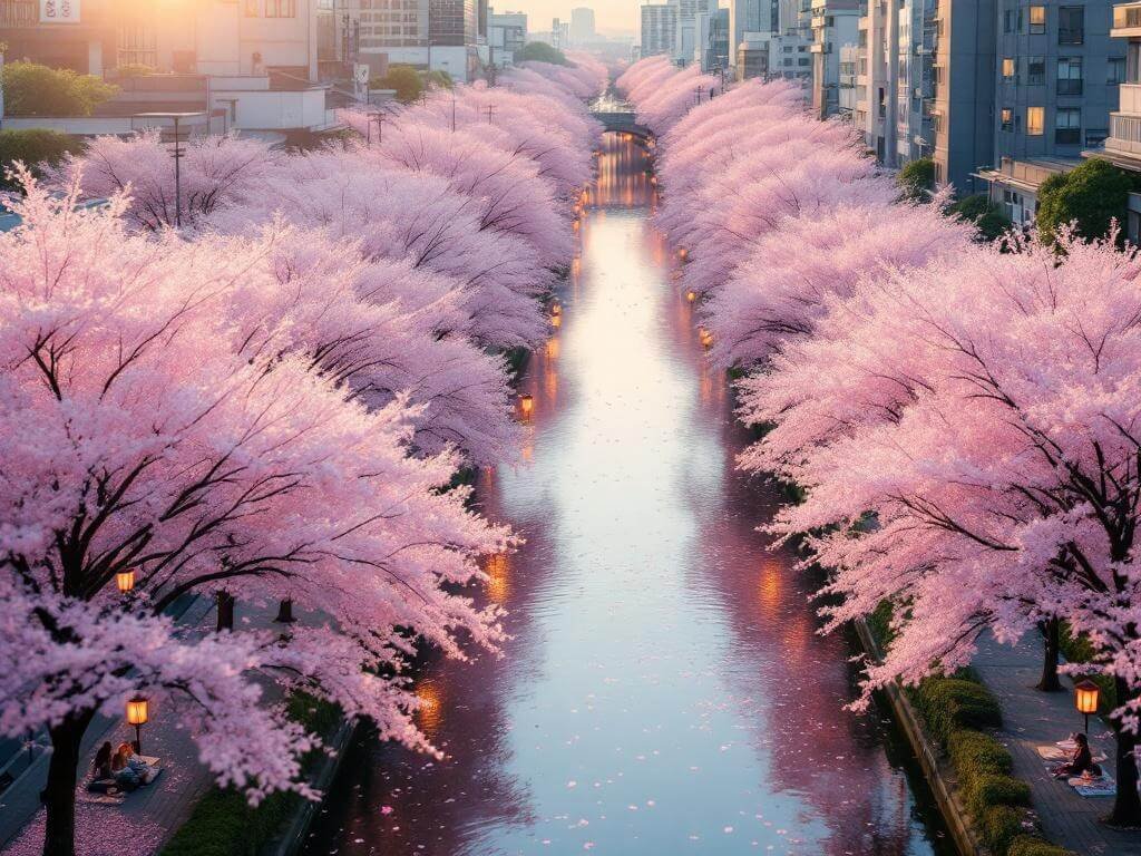 "Aerial view of Meguro River in Tokyo during cherry blossom season with blossoms creating a pink canopy along the canal, lanterns illuminating picnicking crowds, and petals floating on water during golden hour."