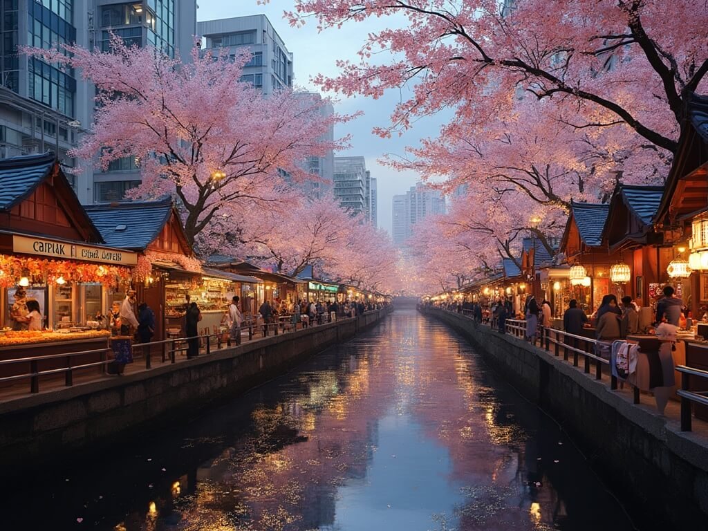 Bustling Meguro River Sakura Festival at dusk with street food vendors, local artisans, cherry blossom trees, soft lantern lighting, and peaceful atmosphere