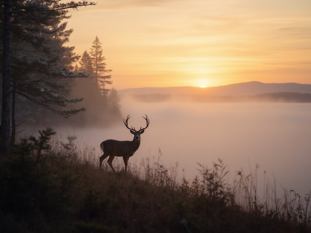 Deer emerging from misty forest at sunrise with Mount Desert Narrows in the background at Thompson Island Picnic Area