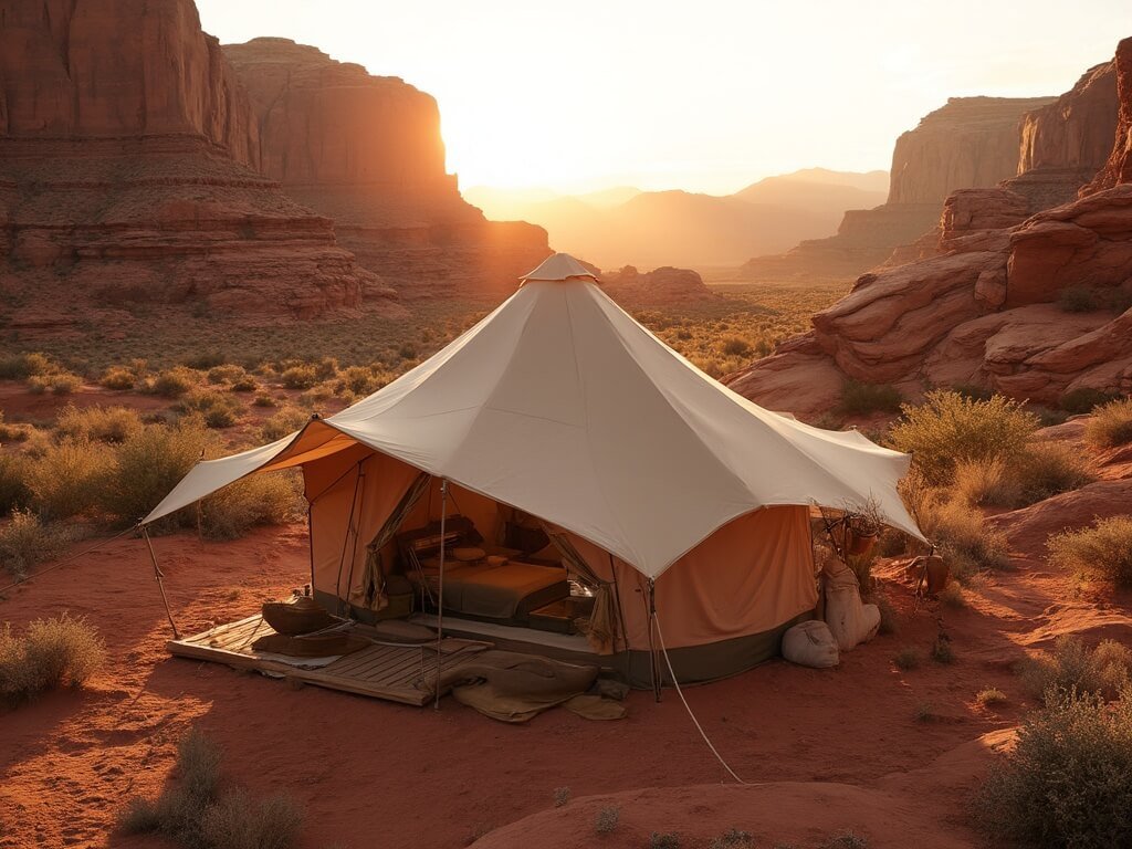 Luxurious safari tent with modern amenities in the red rock desert landscape of Moab, Utah at sunset