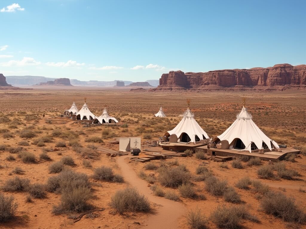 Luxury glamping resort with safari tents and tipis in Moab desert featuring distant rock formations under a clear blue sky