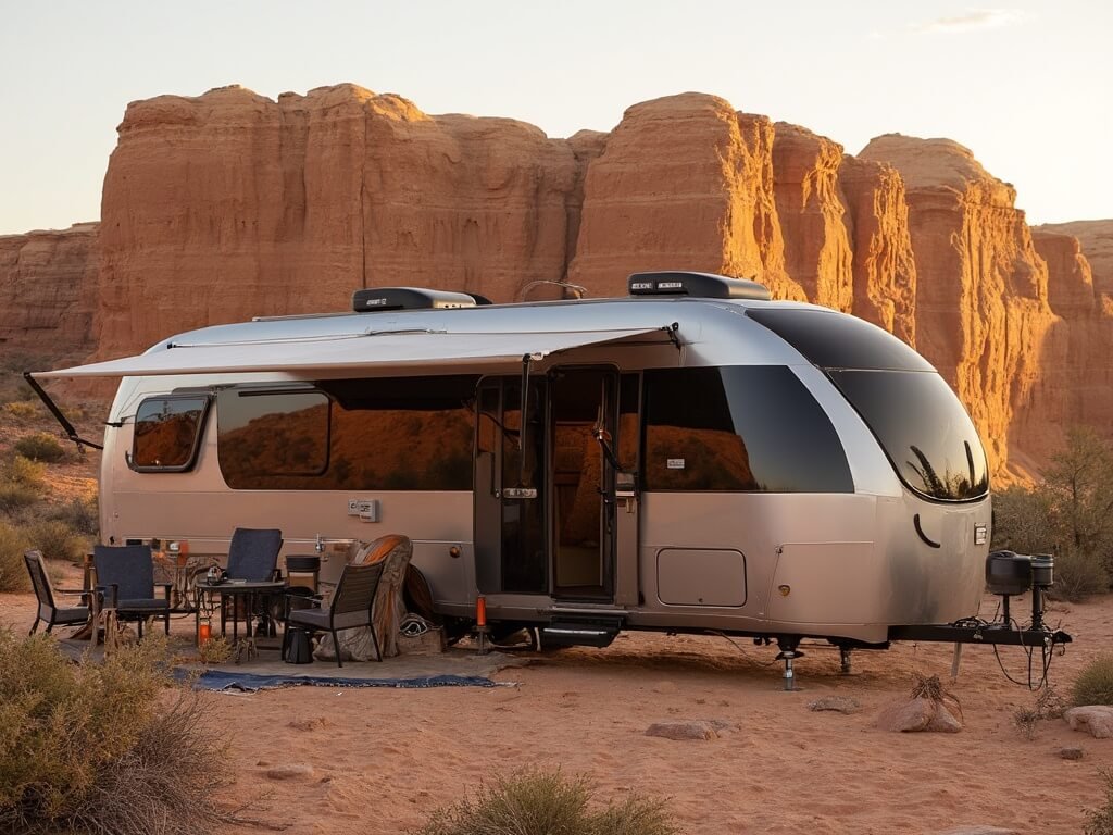 Modern RV parked at a glamping site with outdoor seating, surrounded by desert vegetation and sandstone cliffs under a golden sunset