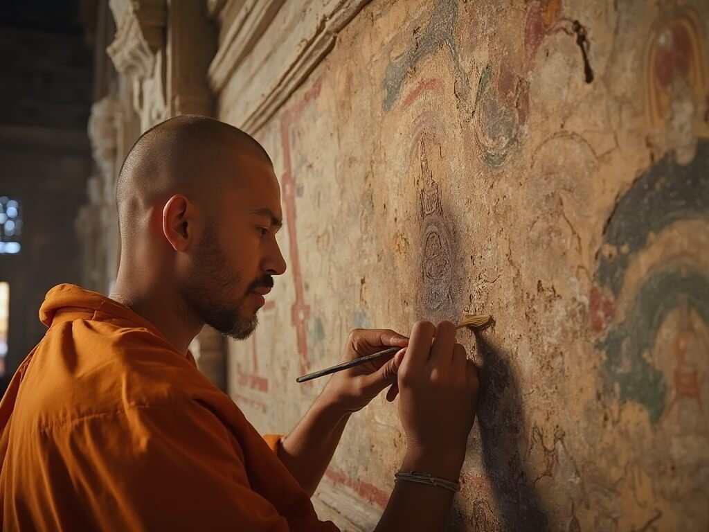 Young monk's hands meticulously restoring an ancient temple mural under soft temple light