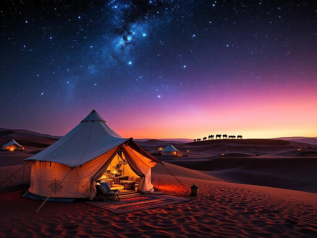 "Moroccan desert glamping camp at twilight with illuminated Berber tent, warm campfire glow, camel caravan silhouette, and emerging Milky Way in the Sahara's Erg Chebbi dunes"