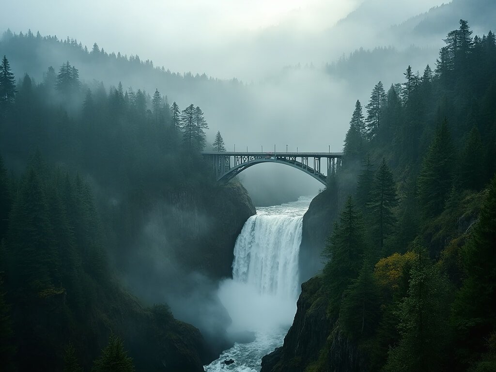 Aerial view of Multnomah Falls and Benson Bridge amidst green forest during morning light