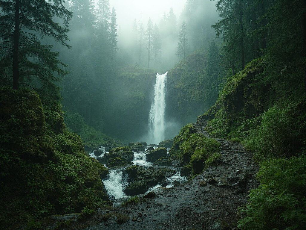 Dramatic wide-angle view of Multnomah-Wahkeena trail with cascading waterfalls, lush greenery, and rocky terrain in misty morning light