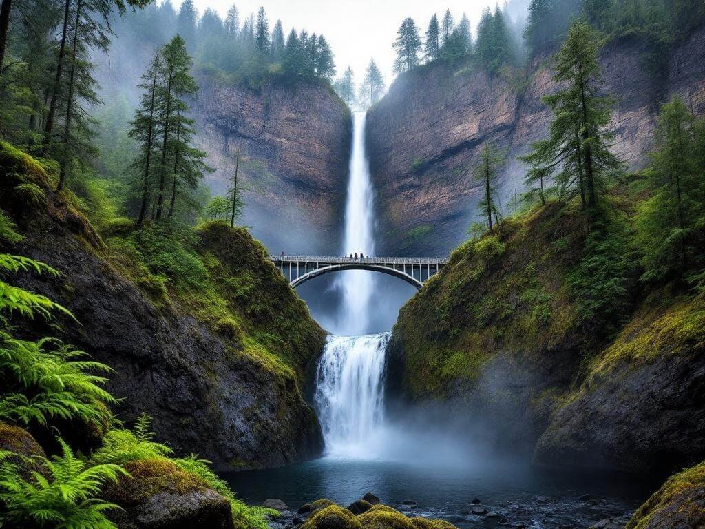"Panoramic 8K view of Multnomah Falls in Columbia River Gorge with Benson Footbridge, mist, and lush greenery"