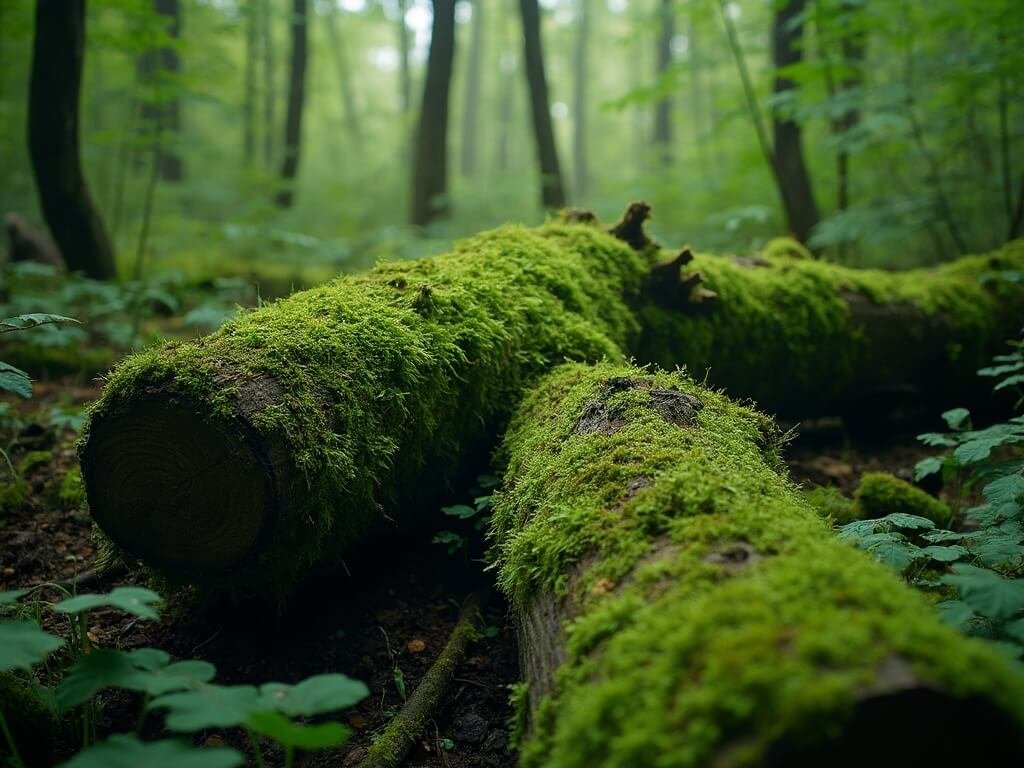 Moss-covered logs and intricate ferns on a mystical forest floor bathed in soft, diffused light