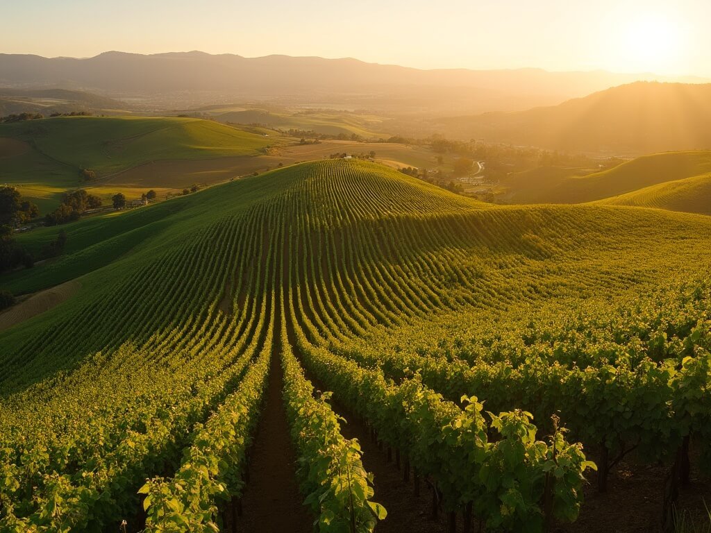 Golden hour over Napa Valley vineyards with rows of grapevines, long shadows, and distant mountains