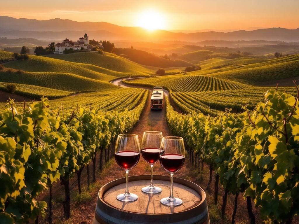 "Aerial view of a sunset over Napa Valley vineyards with a vintage wine trolley, a distant Tuscan-style castle, and wine glasses on a wooden barrel"