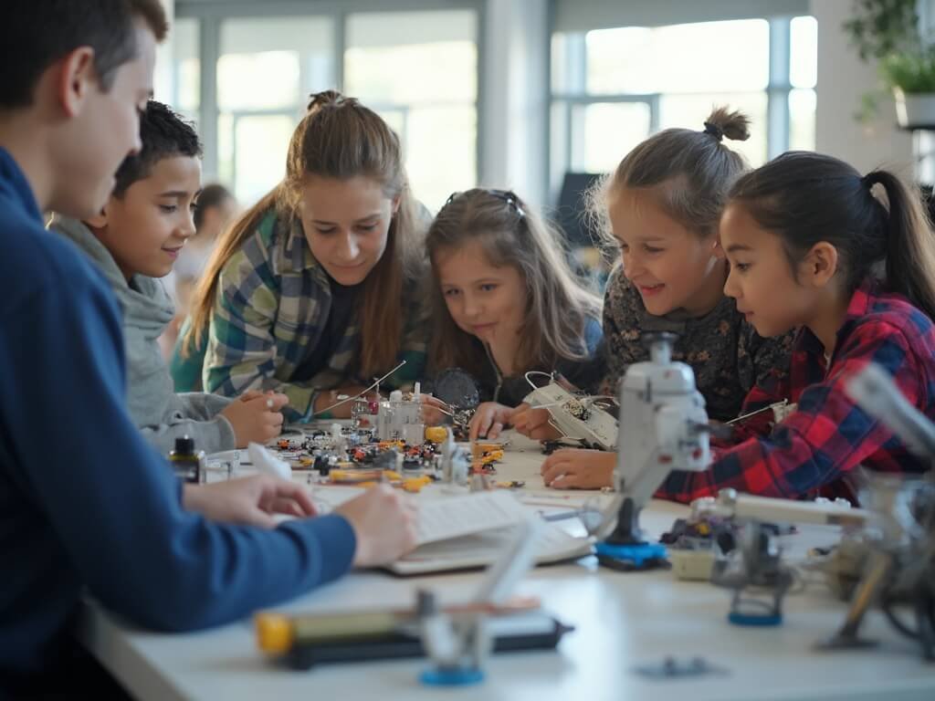 Diverse students engaging in a STEM workshop with a NASA scientist, surrounded by technical equipment and space mission models, bathed in natural light from large windows