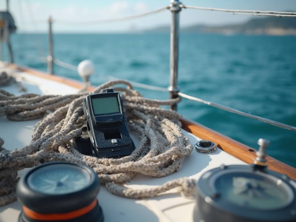 Close-up view of nautical equipment including rope knots, compass, and GPS device on yacht deck with blurred sea background