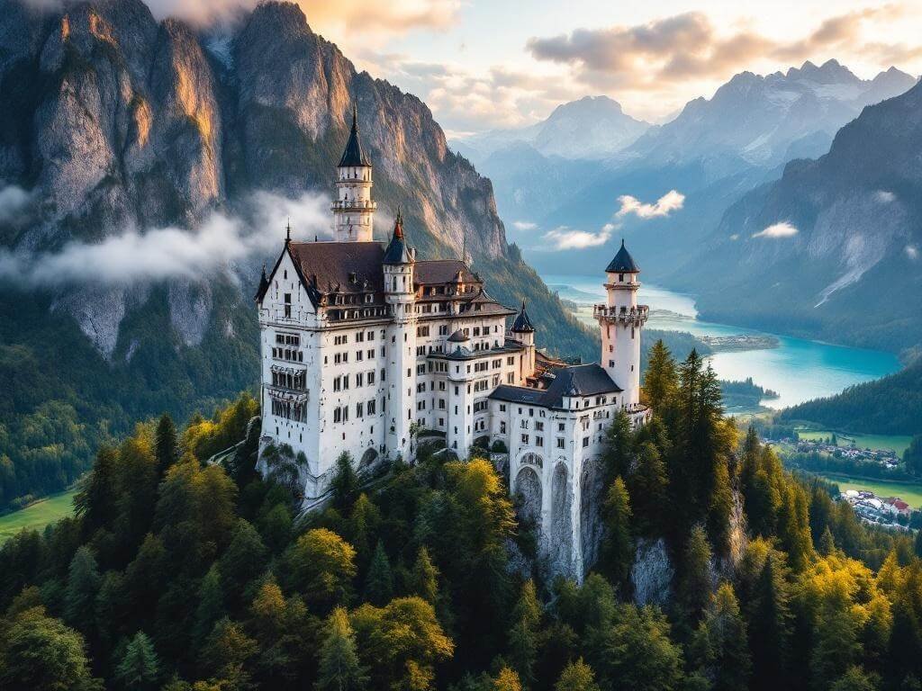 "Aerial view of Neuschwanstein Castle on an Alpine cliff with Hohenschwangau Castle below, during golden hour with surrounding green forest and mountains, Alpsee lake, and a winding path leading up to the castle in Bavaria"