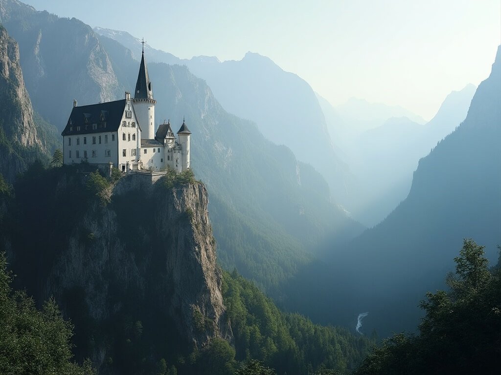 Panoramic view of Neuschwanstein Castle on a cliff with lit white stone walls, against misty Alpine mountains at dawn, no people in sight