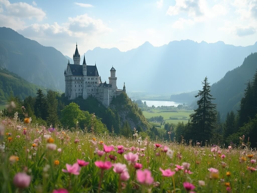 Neuschwanstein Castle in early spring morning light with blooming wildflowers in the foreground, set against misty alpine mountains