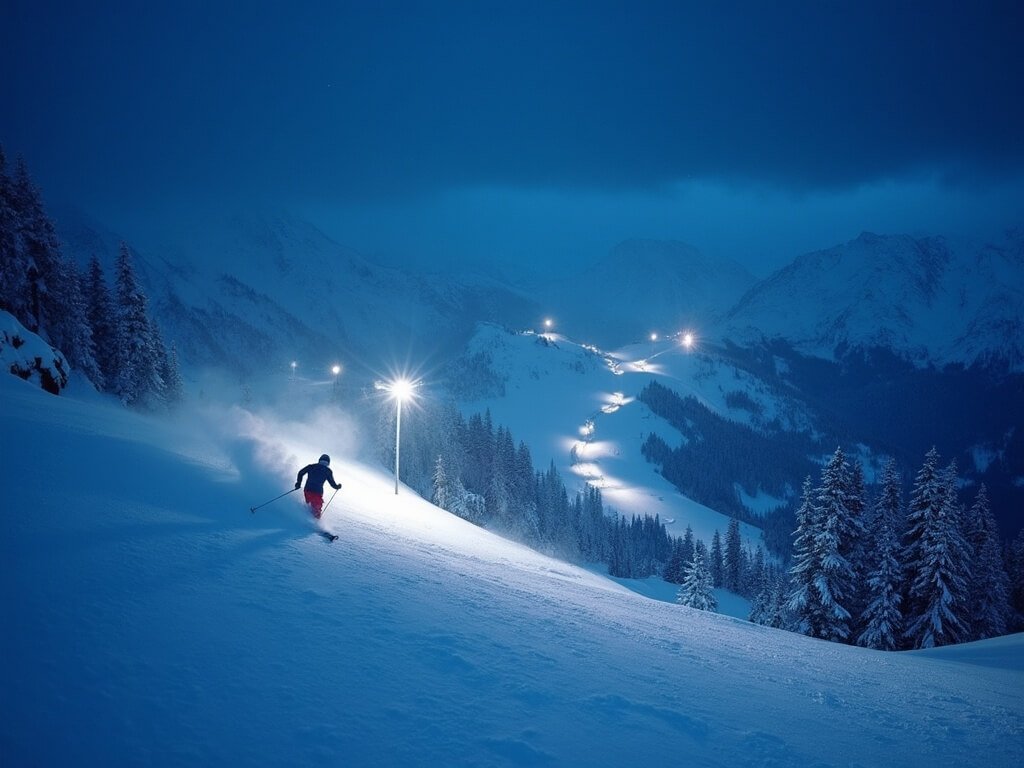 Illuminated ski slopes at night with gentle snowfall creating a magical winter atmosphere