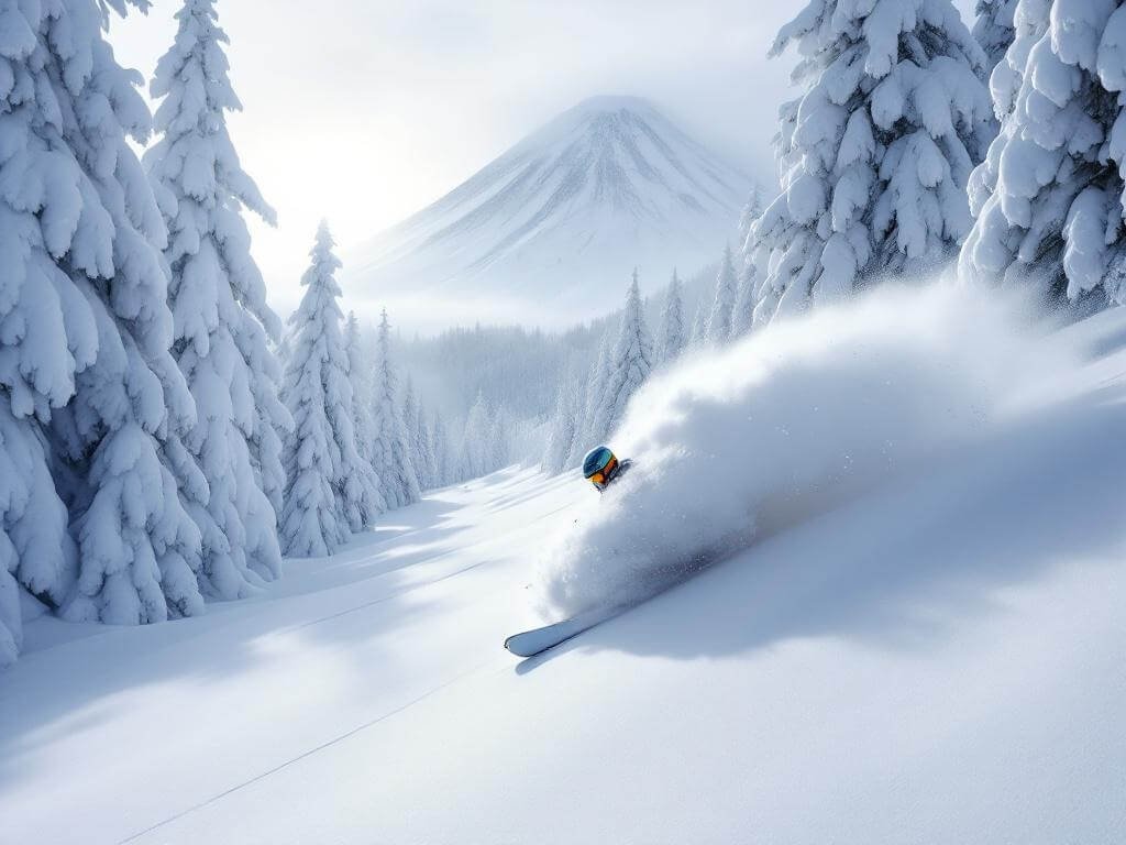 "Skier carving through deep powder snow on a tree-lined slope in Niseko, Japan, with Mount Yotei's volcanic cone in the background"