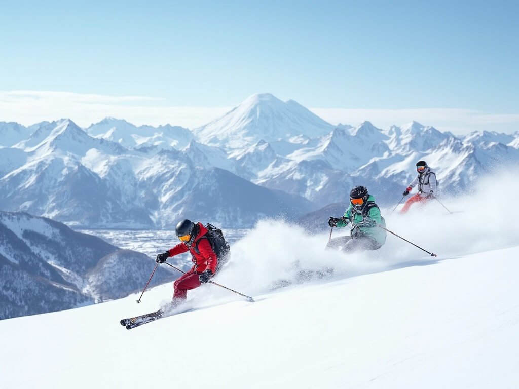 Skiers in colorful gear skiing on untouched snow in Niseko with Mt. Yotei in the background