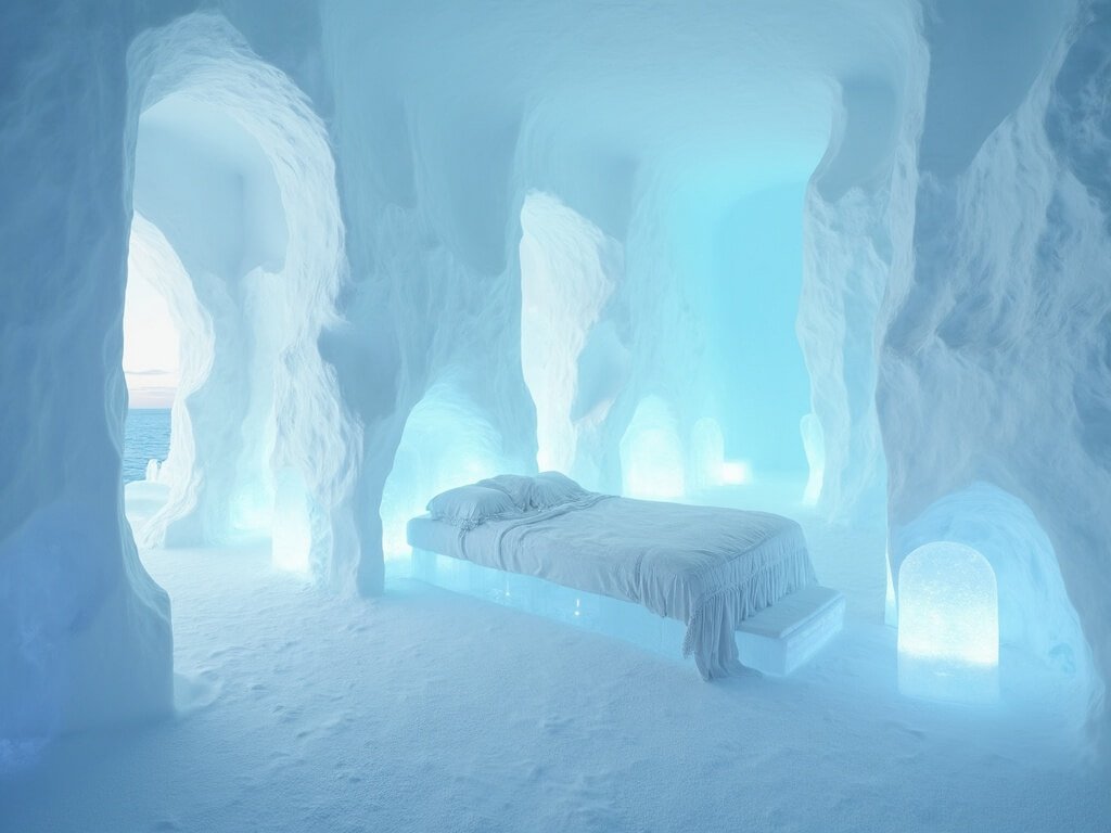 Nordic-inspired ice suite with intricately carved walls and ethereal blue and white lighting