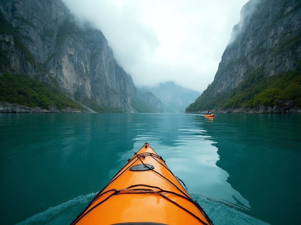 Sea kayak navigating a narrow fjord with steep granite cliffs, misty mountains, and reflections on the clear turquoise water in a dramatic Norwegian landscape under soft overcast light