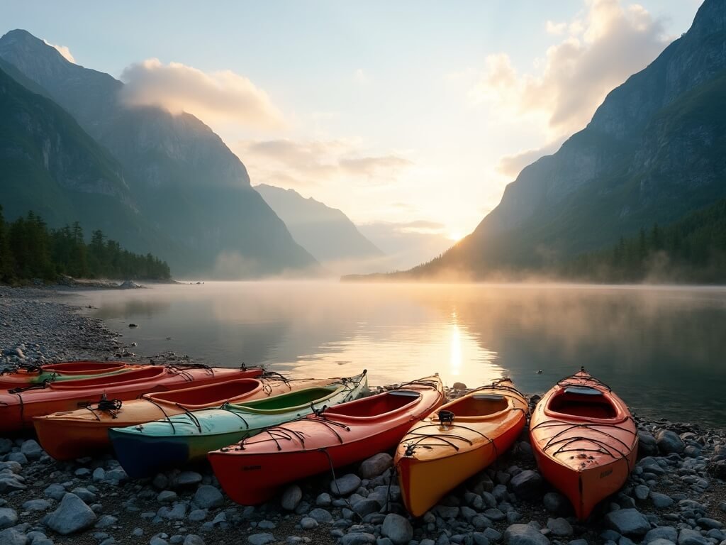 Panoramic sunrise over a pristine Norwegian fjord with colorful kayaks on rocky shore, morning mist on calm water, lush forests and mountain silhouettes in the background