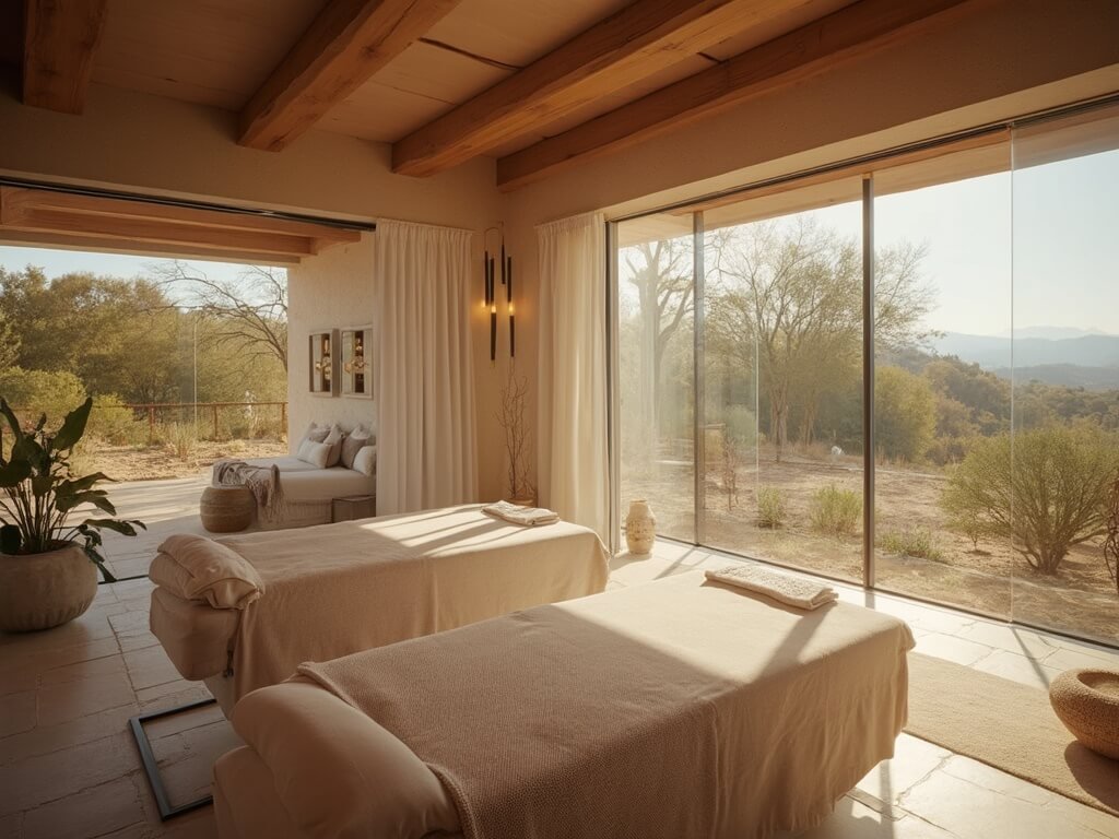 Luxurious spa treatment room at Ojai Valley Inn & Spa with minimalist interior design, warm lighting, and floor-to-ceiling window views of the surrounding landscape