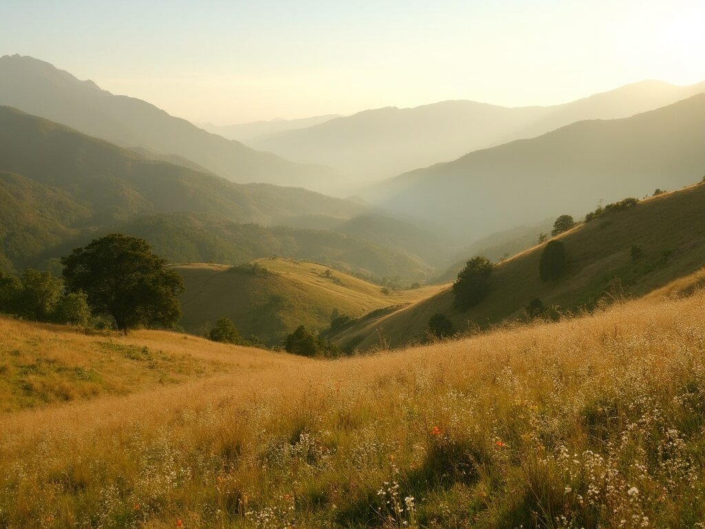 Morning light enhancing the serene landscape of Ojai's rolling hills blooming with soft wildflowers, covered in gentle mist over distant mountains in spring