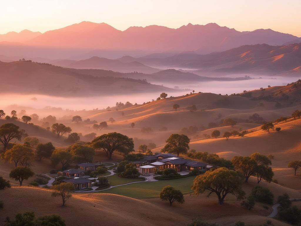 "Aerial view of Ojai Valley during golden hour showcasing Topa Topa Mountains, ancient oak trees, misty valley floor, and a luxury spa resort, with warm golden and pink hues reflecting a peaceful atmosphere"